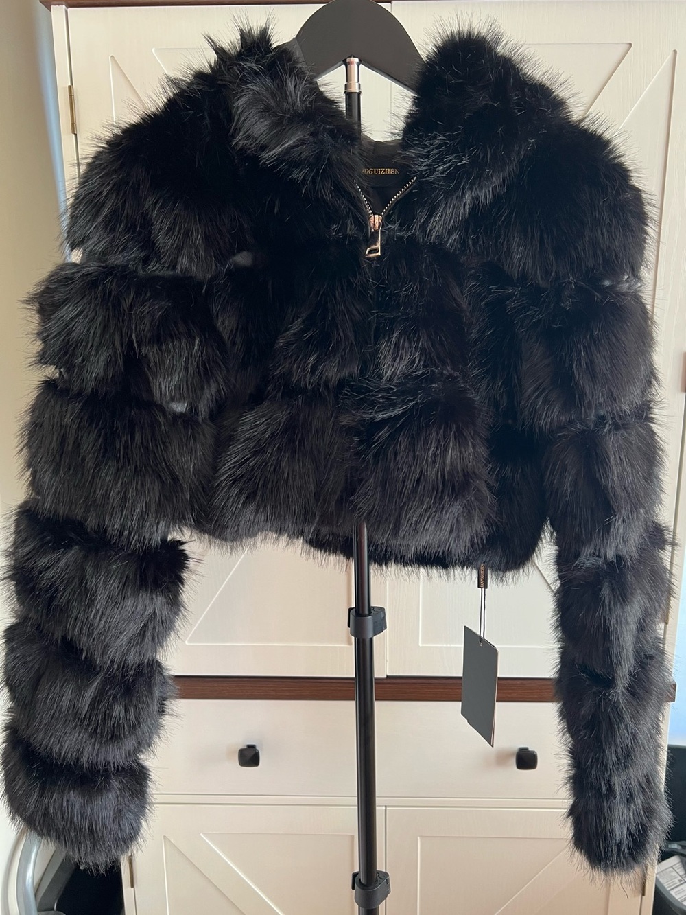 Black Faux Fur Cropped Jacket with Hood
